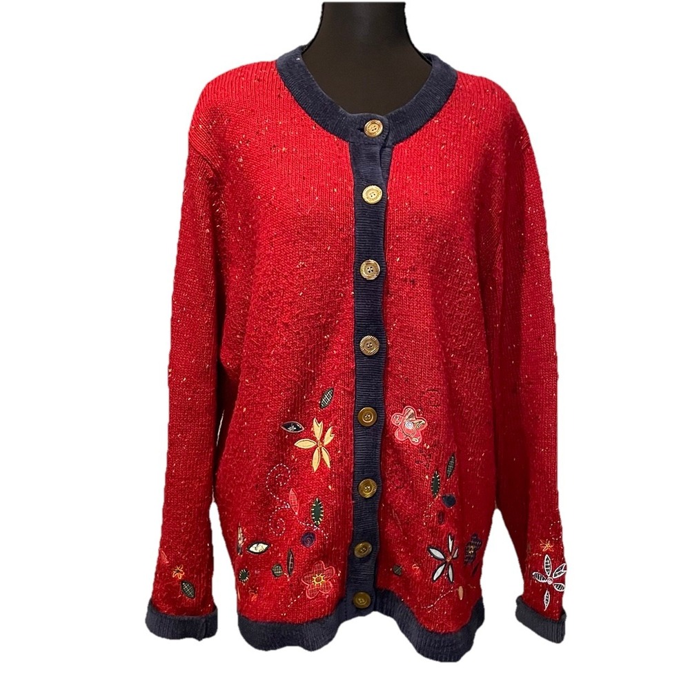 Koret City Blues 1X Red Cardigan Sweater with Embroidered Floral Details